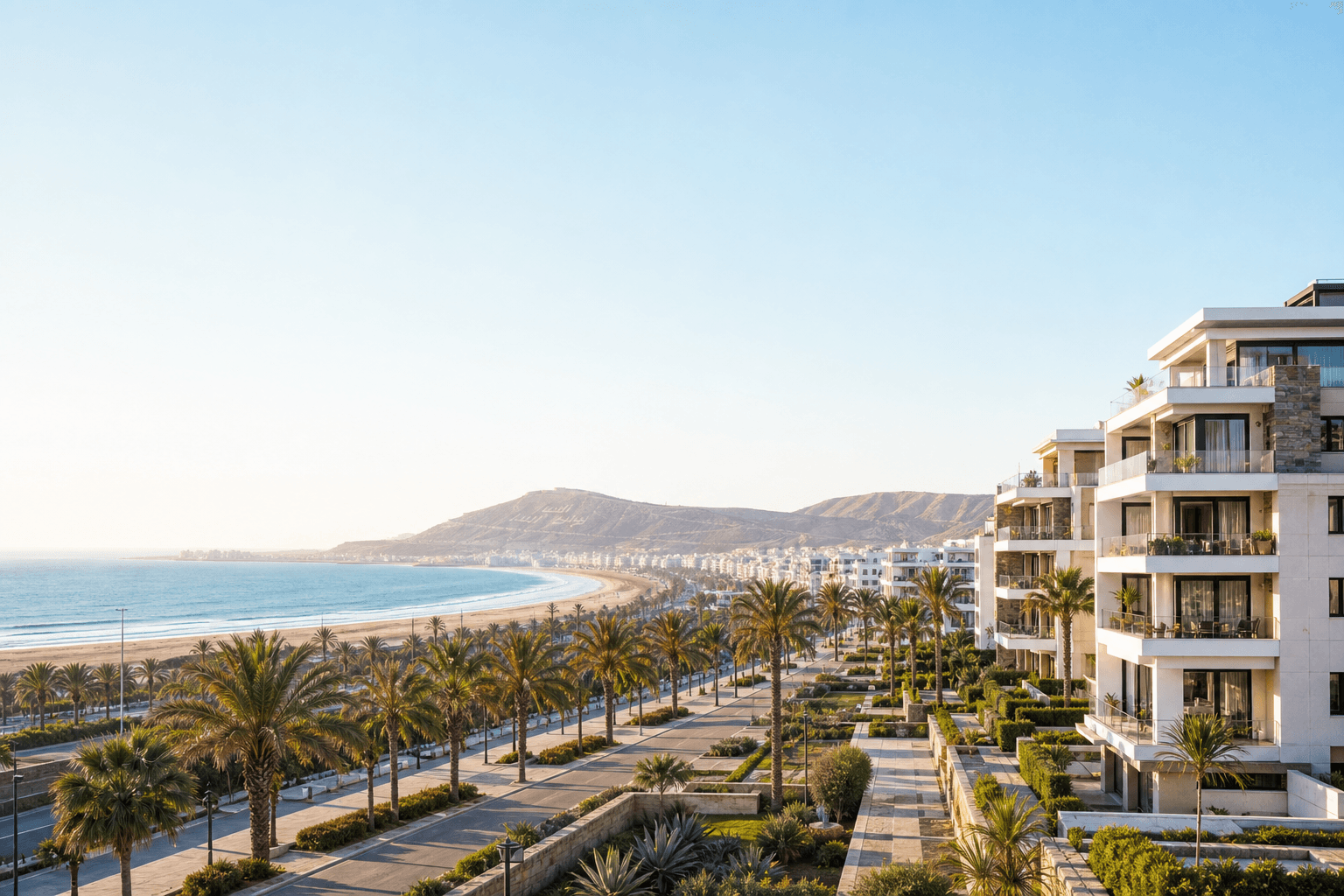 Agadir coastal apartments and palm-lined beachfront